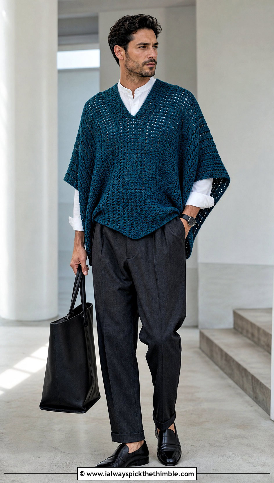 Solid V Neck Crochet Poncho With Tailored Trousers - 20 crochet men's poncho outfit ideas
