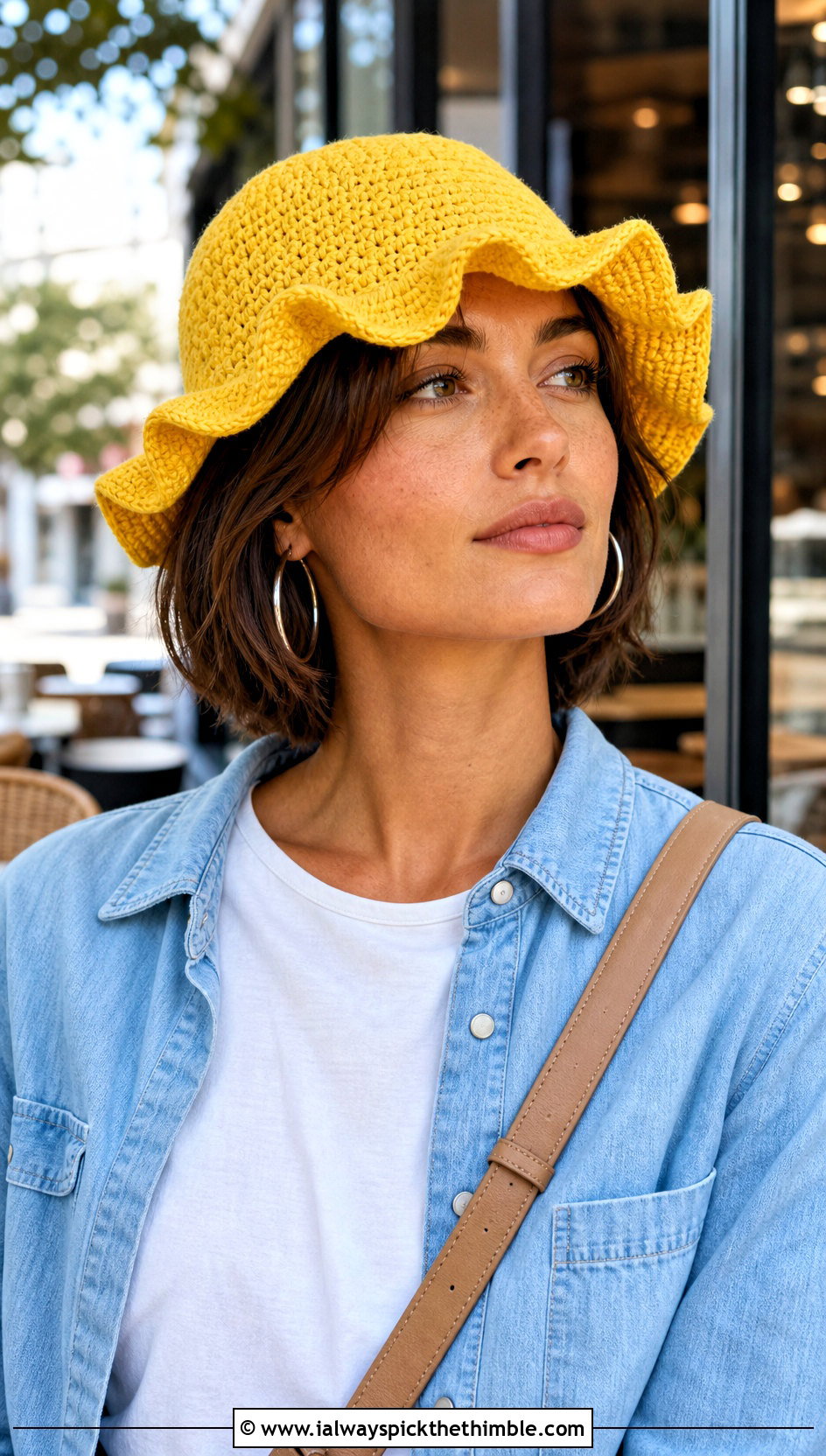 Solid Wavy Brim Crochet Ruffle Bucket Hat With White Tee And Jeans - 25 crochet ruffle bucket hat outfit ideas