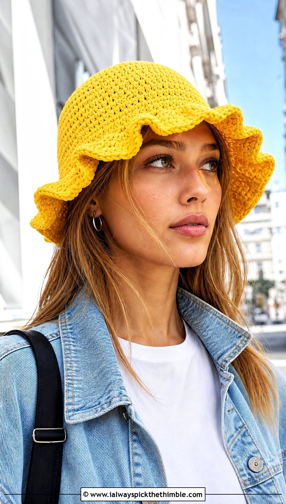 Solid Wavy Brim Ruffled Crochet Bucket Hat With White Tee And Jeans - 20 ruffled crochet bucket hat outfit ideas