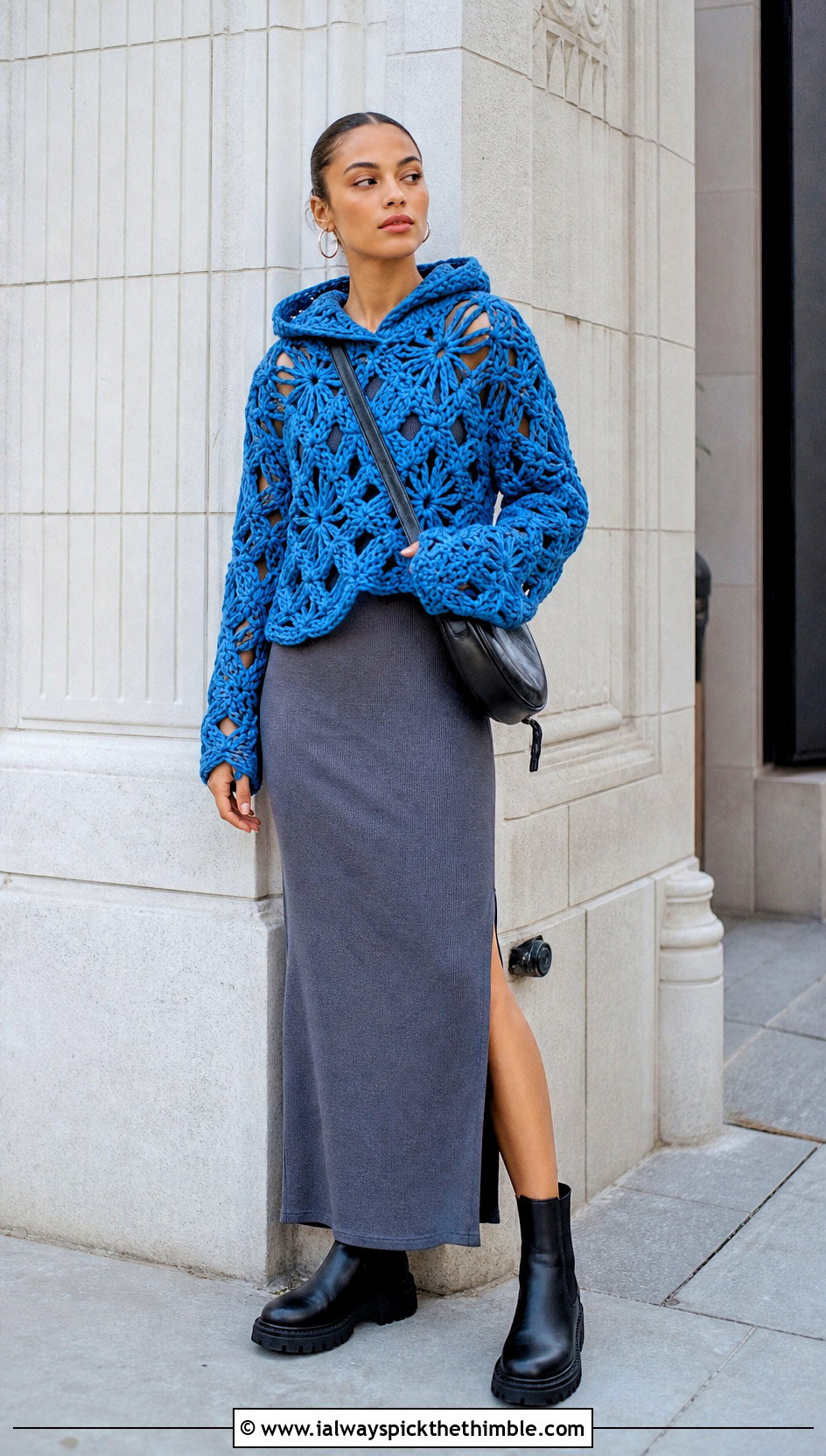 Solomon Knot Crochet Hooded Top With Knit Maxi Dress - 25 solomon knot crochet top outfit ideas