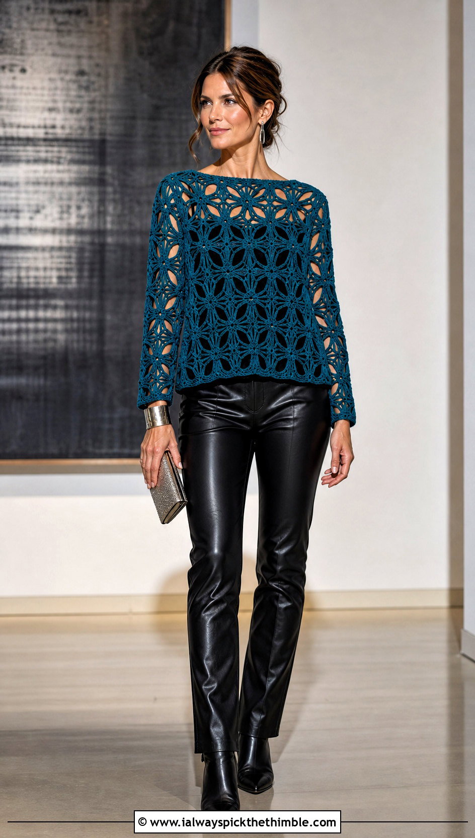 Solomon Knot Crochet Long Sleeve Top With Leather Pants - 25 solomon knot crochet top outfit ideas