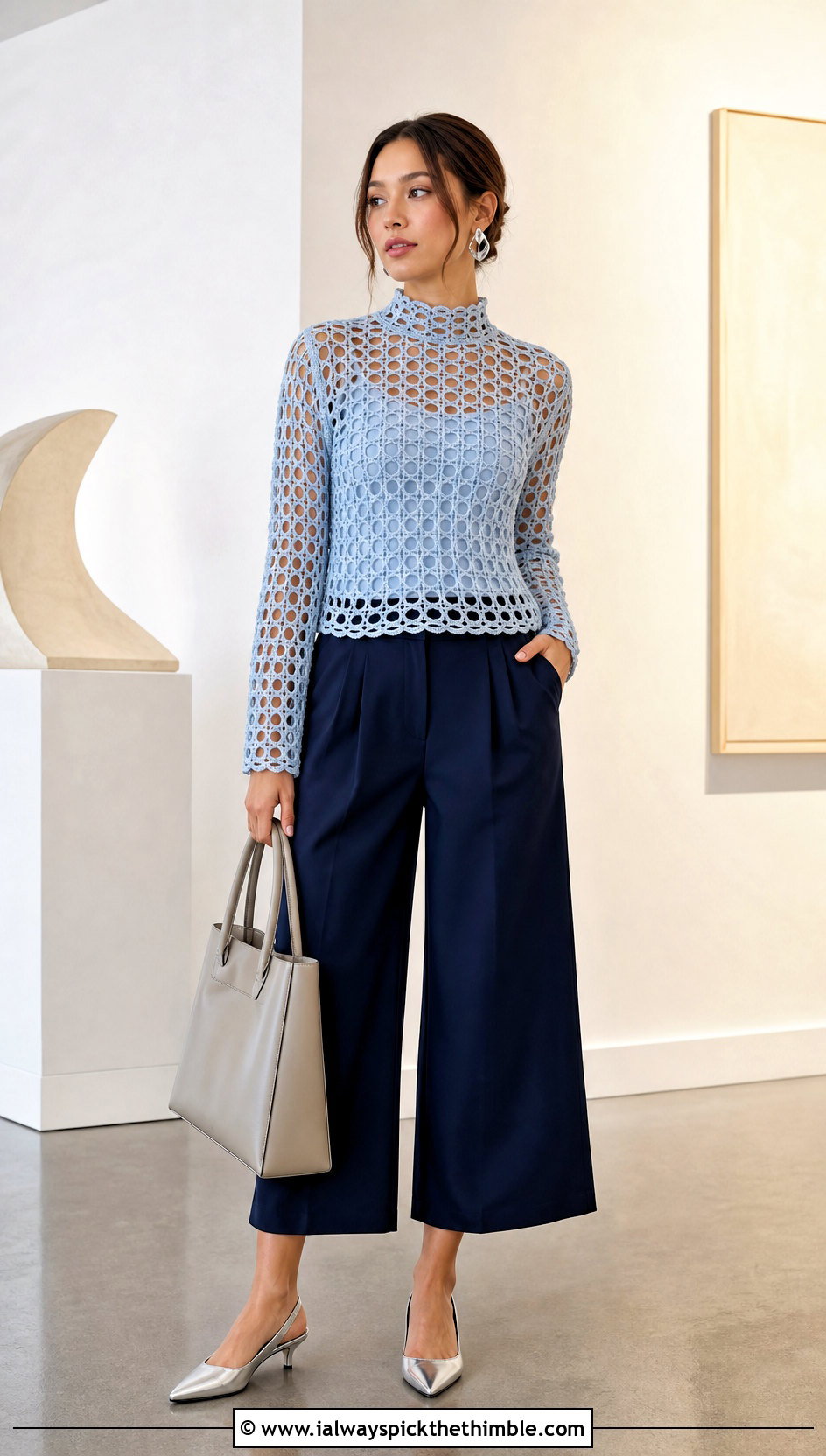 Solomon Knot Crochet Mock Neck Top With Culottes - 25 solomon knot crochet top outfit ideas