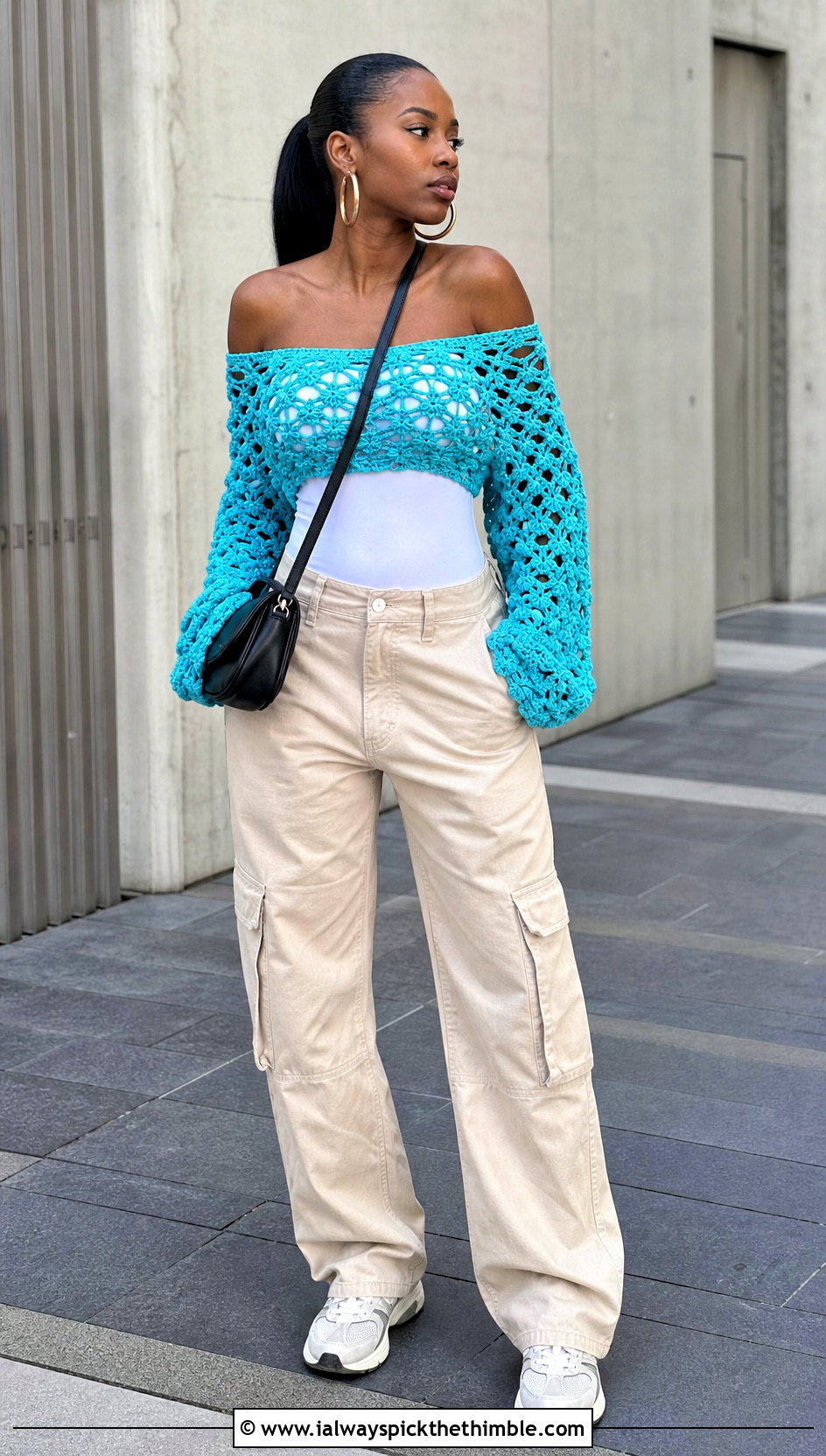 Solomon Knot Crochet Off Shoulder Top With Cargo Pants - 25 solomon knot crochet top outfit ideas