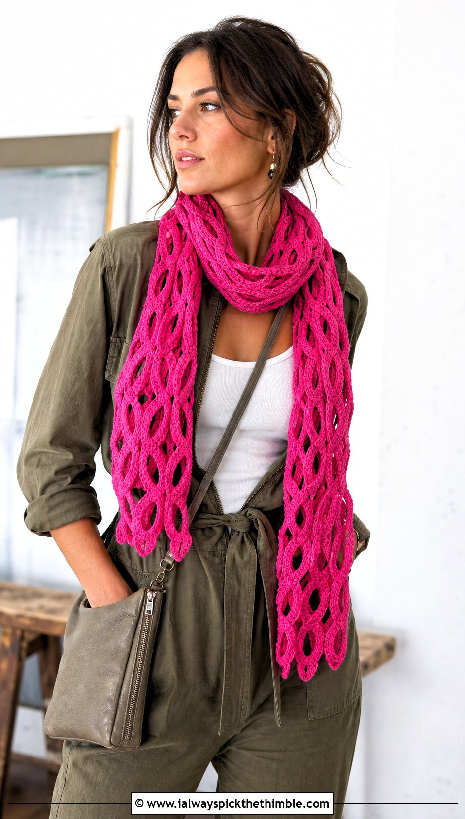 Solomons Knot Crochet Lace Scarf With Utility Jumpsuit - 20 easy crochet lace scarf outfit ideas