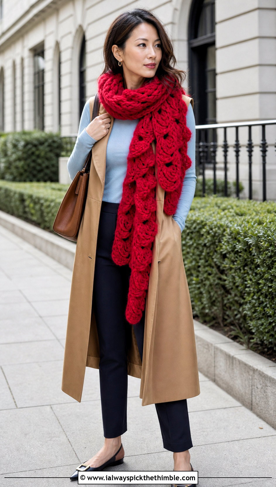 Solomons Knot Crochet Mohair Scarf With Trench Vest - 20 crochet mohair scarf outfit ideas