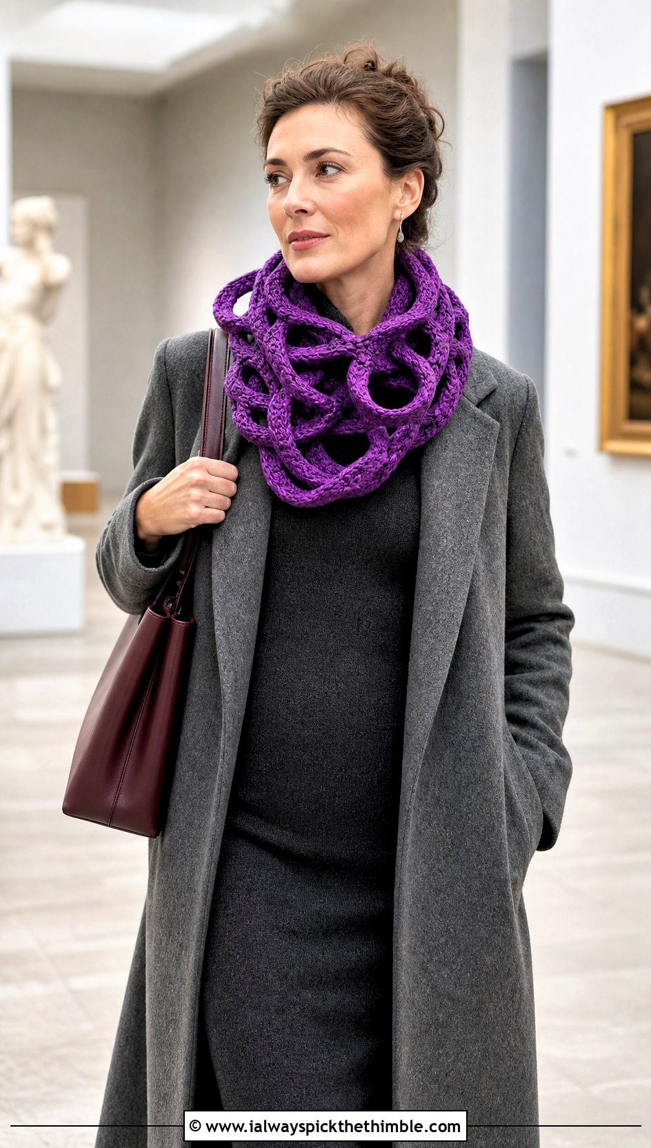 Solomons Knot Infinity Scarf With Knit Dress - 20 Lacy Crochet Infinity Scarf outfit ideas