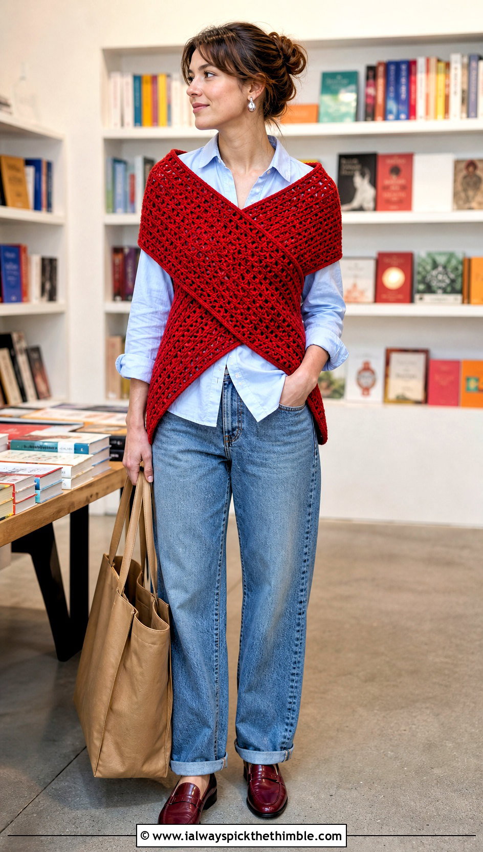 Sontag Katniss Shawl With Button Down Shirt And Jeans - 20 Crochet Katniss Shawl outfit ideas