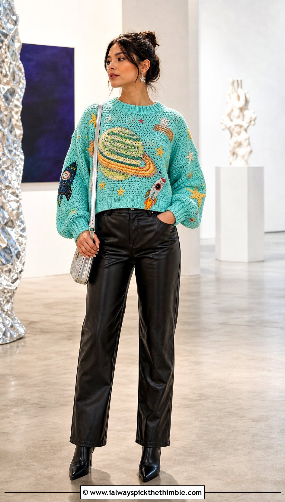 Space Planet Crochet Mable Pines Sweater With Faux Leather Pants - 15 Crochet Mable Pines Sweater outfit ideas