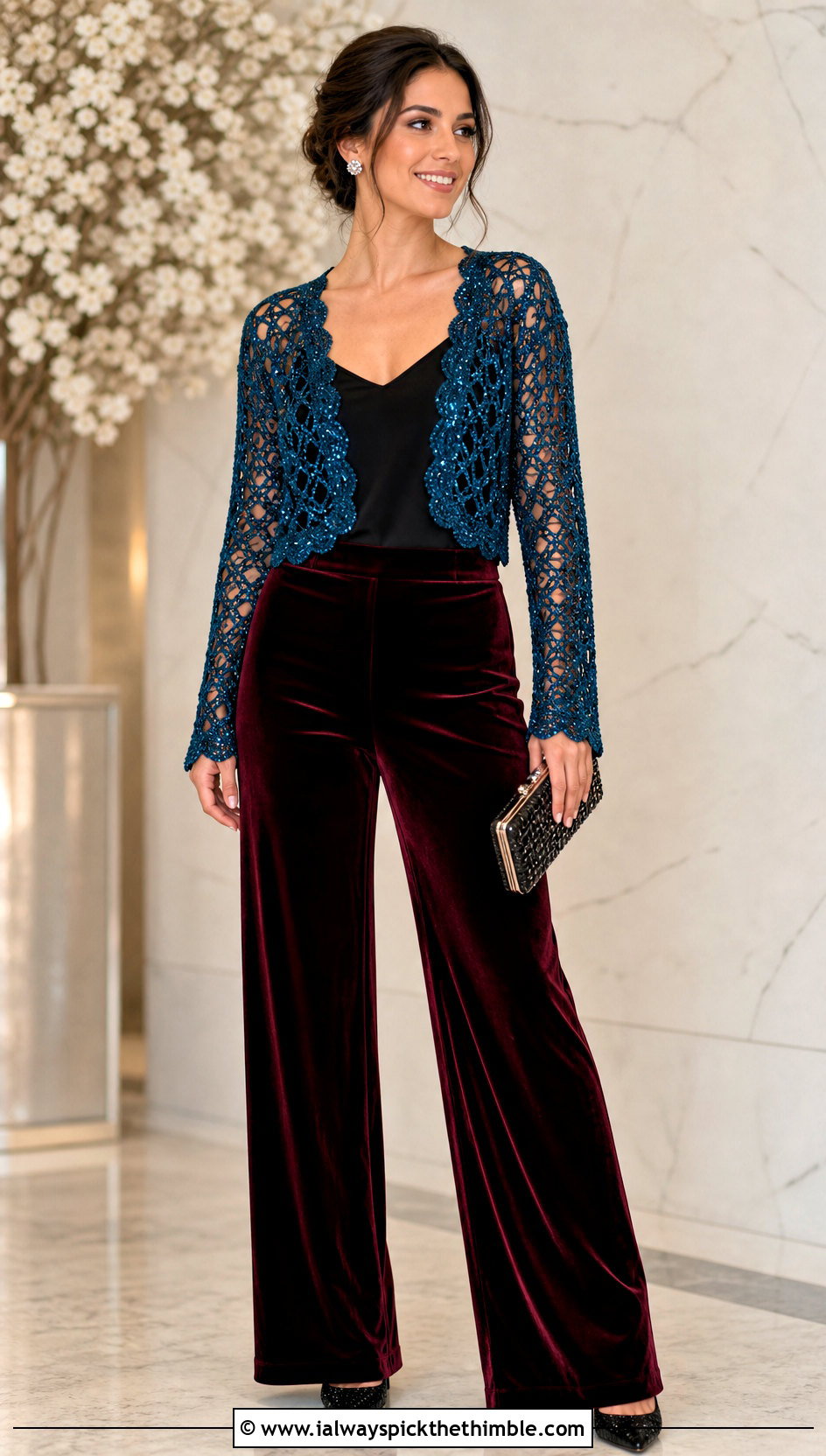 Sparkle Openwork Bolero With Velvet Trousers - 25 crochet shrug bolero outfit ideas