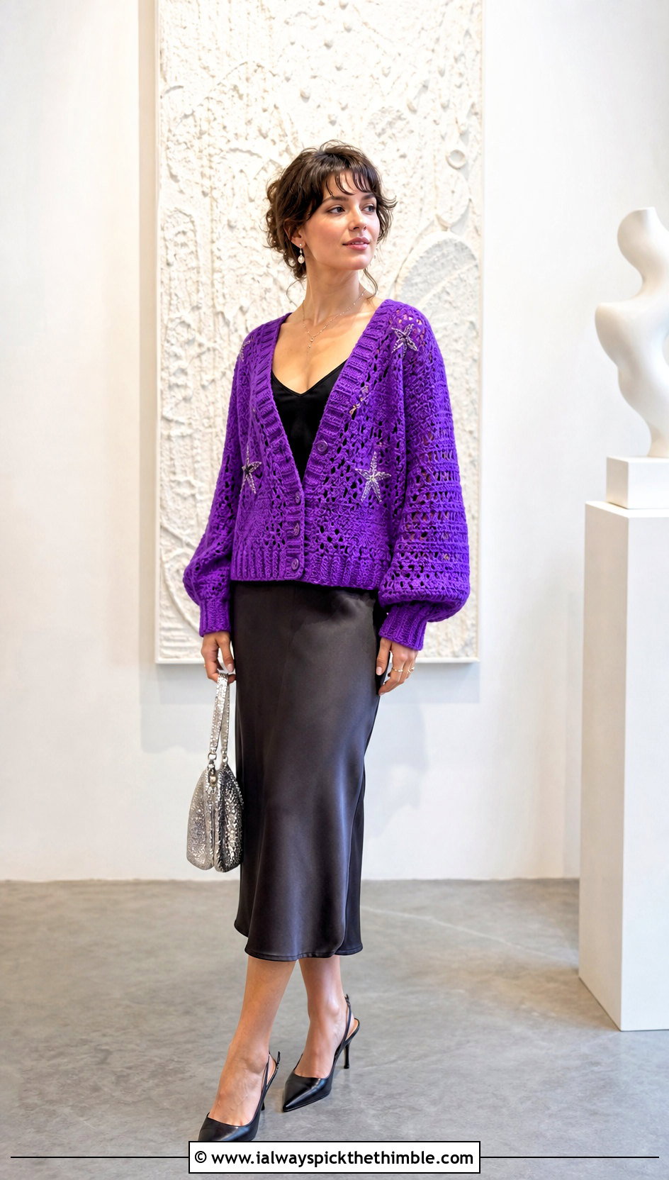 Speak Now Purple Cardigan With Satin Midi Skirt - 25 crochet taylor swift cardigan outfit ideas