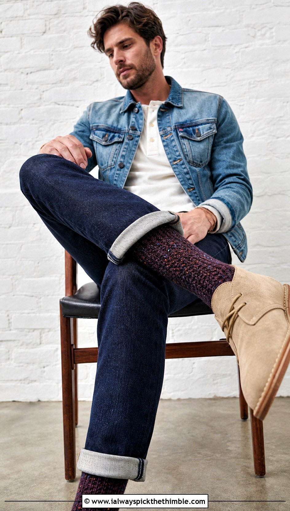 Speckled Crochet Crew Socks With Double Denim - 20 Mens Crochet Socks outfit ideas