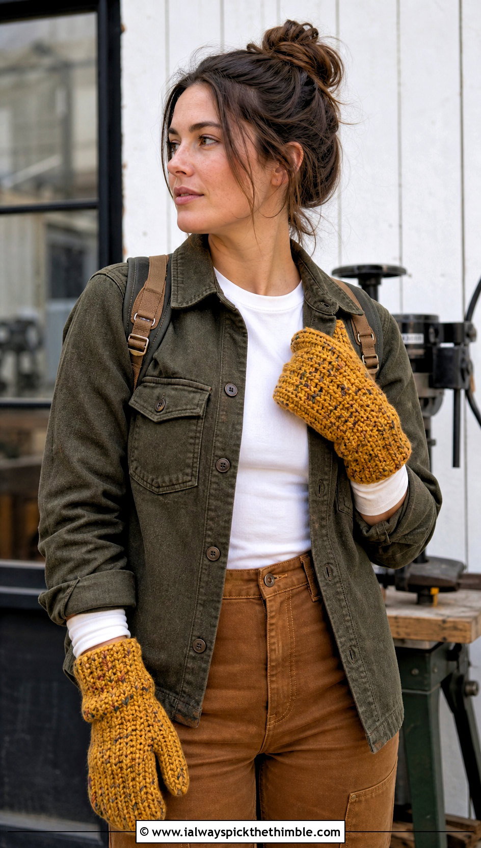 Speckled Wool Tabi Crochet Mittens With Shacket And Workwear Pants - 20 Tabi Crochet Mittens outfit ideas