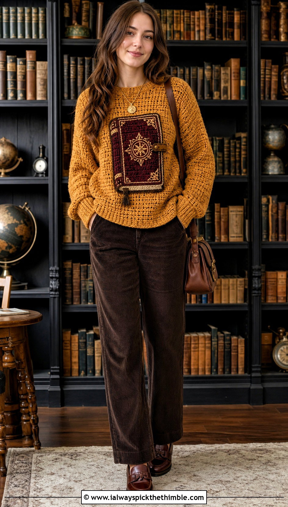 Spellbook Crochet Harry Potter Sweater With Corduroy Pants - 25 crochet harry potter sweater outfit ideas