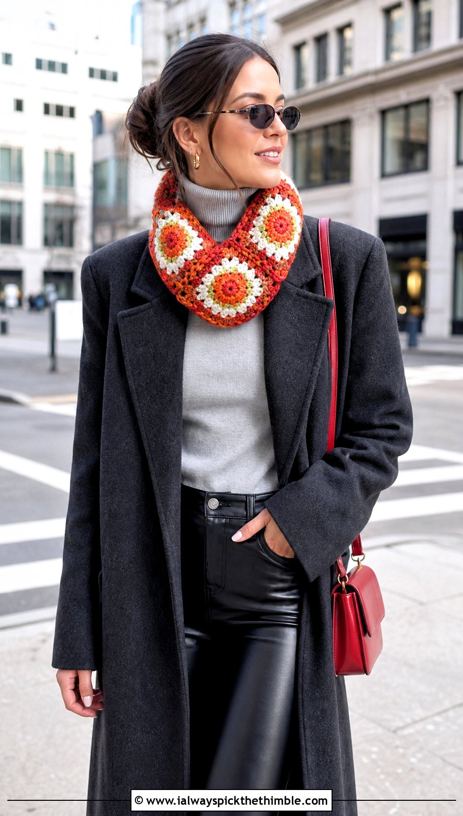 Spicy Tuna Roll Crochet Sushi Scarf With Leather Pants - 20 crochet sushi scarf outfit ideas