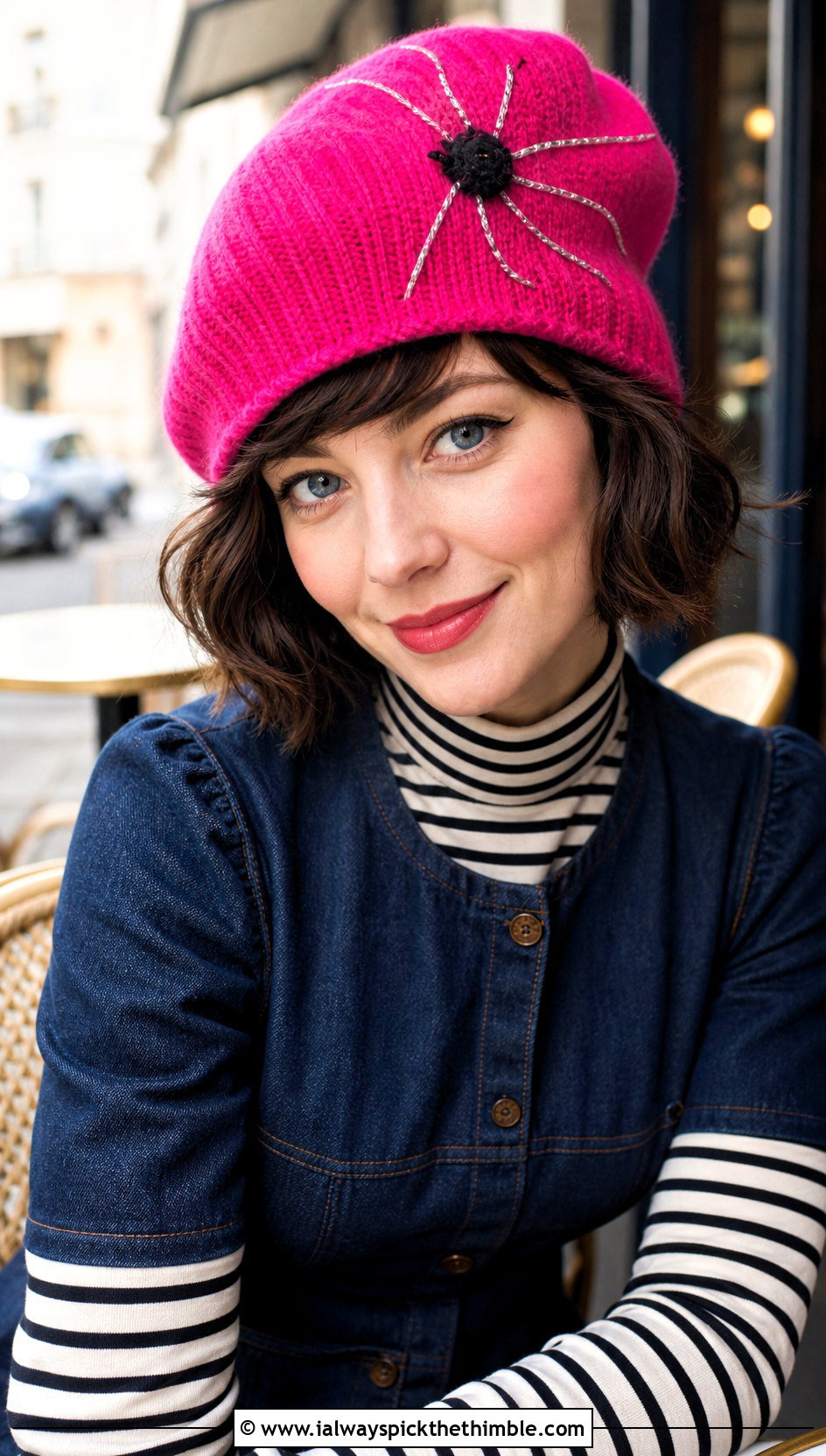 Spider Applique Beret Beanie With Denim Dress - 20 Halloween Crochet Beanies outfit ideas