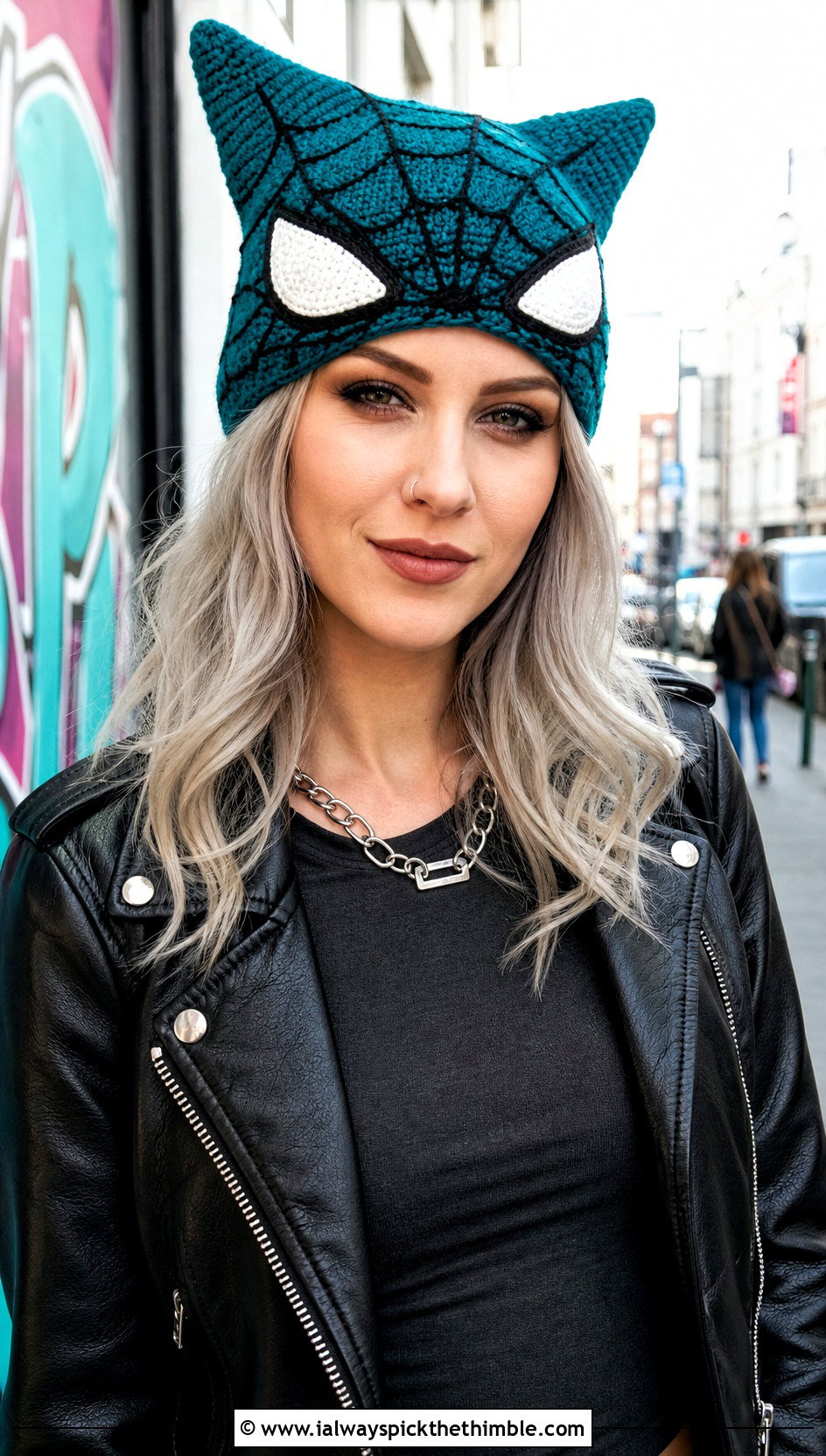 Spider Gwen Cat Ear Beanie With Leather Jacket - 20 Spider Gwen Crochet Beanie outfit ideas