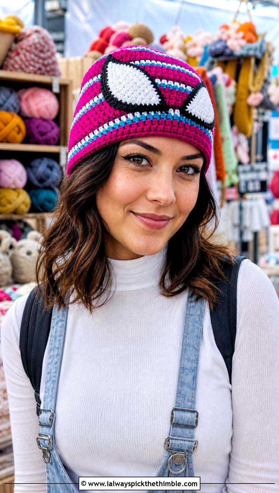 Spider Gwen Striped Beanie With Denim Overalls - 20 Spider Gwen Crochet Beanie outfit ideas