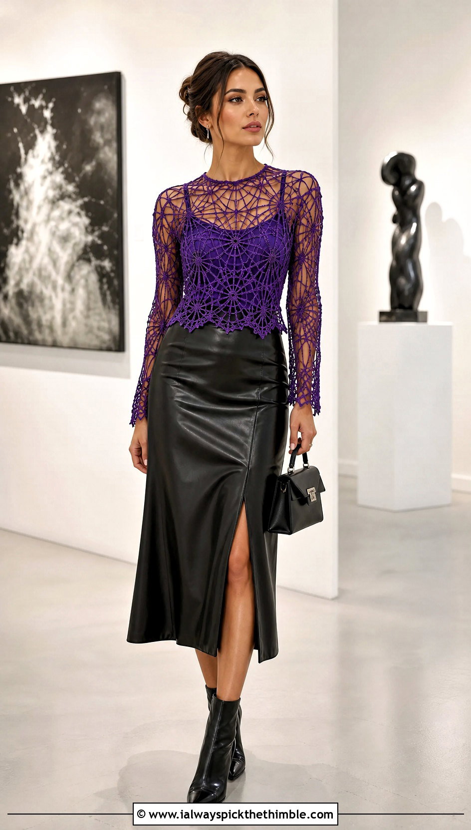 Spider Lace Crochet Blouse With Leather Midi Skirt - 15 lace crochet blouse design outfit ideas