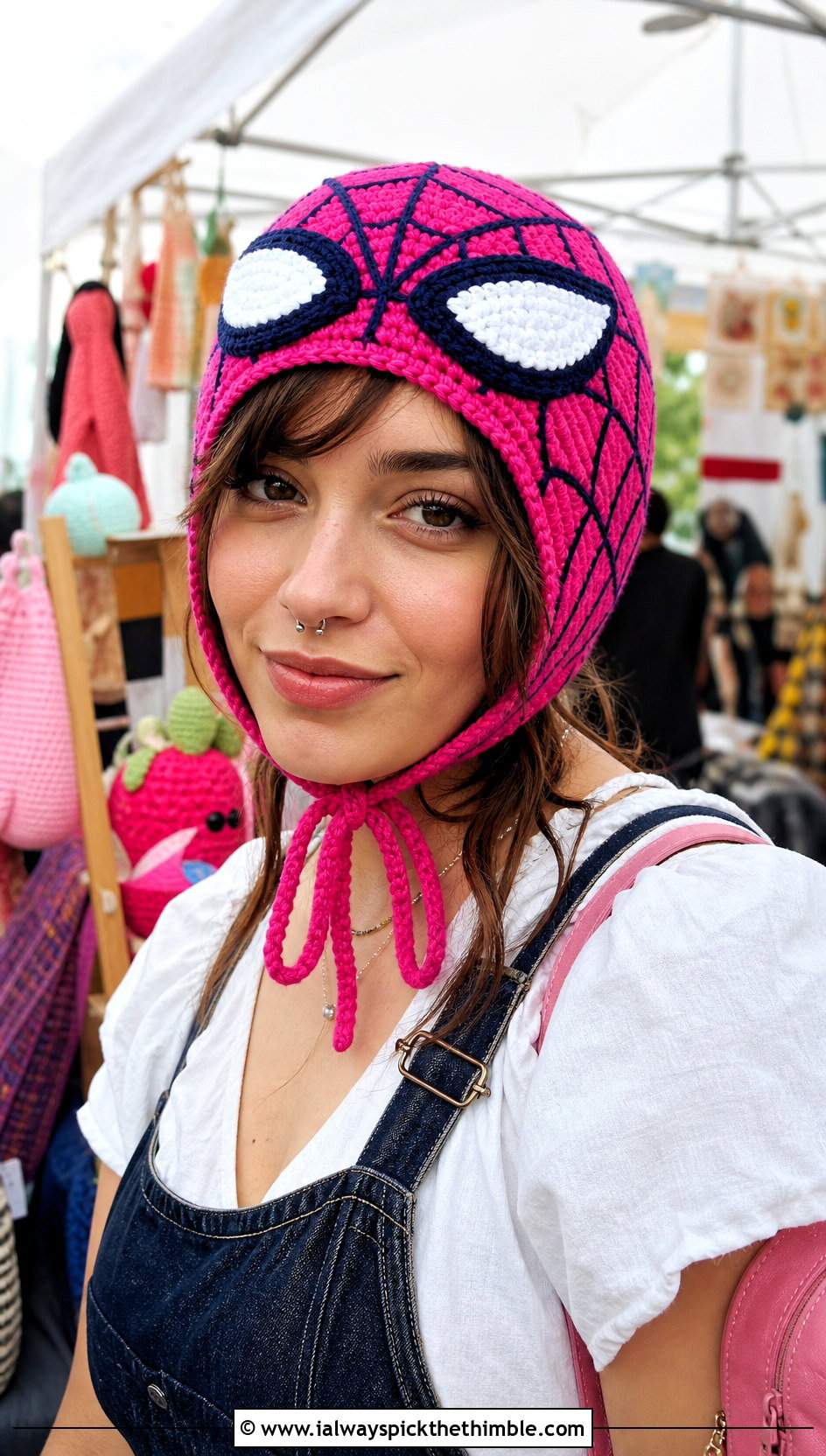 Spider Man Crochet Bonnet With Denim Overalls - 20 spiderman crochet hat outfit ideas