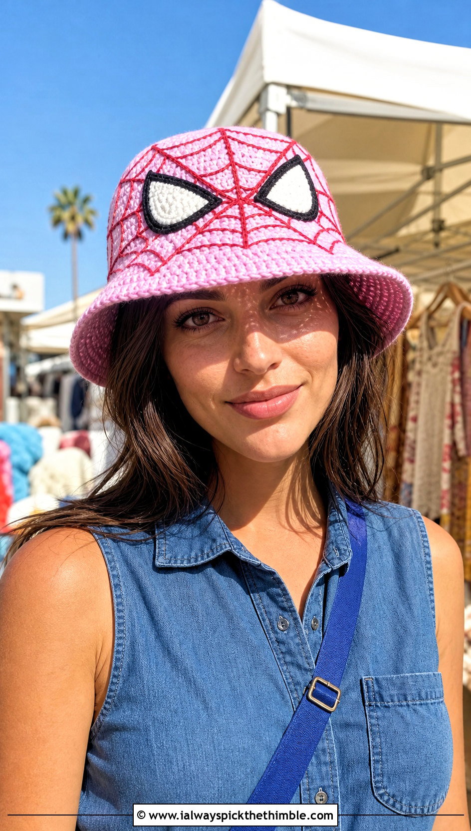 Spider Man Crochet Bucket Hat With Denim Dress - 15 Crocheted Spider Man Hat outfit ideas