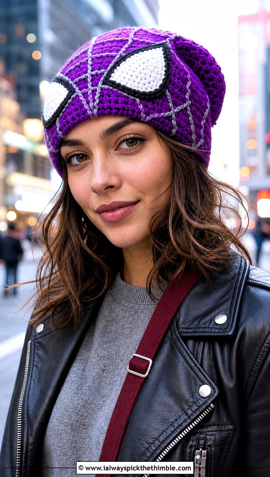 Spider Man Crochet Slouchy Beanie With Leather Jacket - 15 Crocheted Spider Man Hat outfit ideas