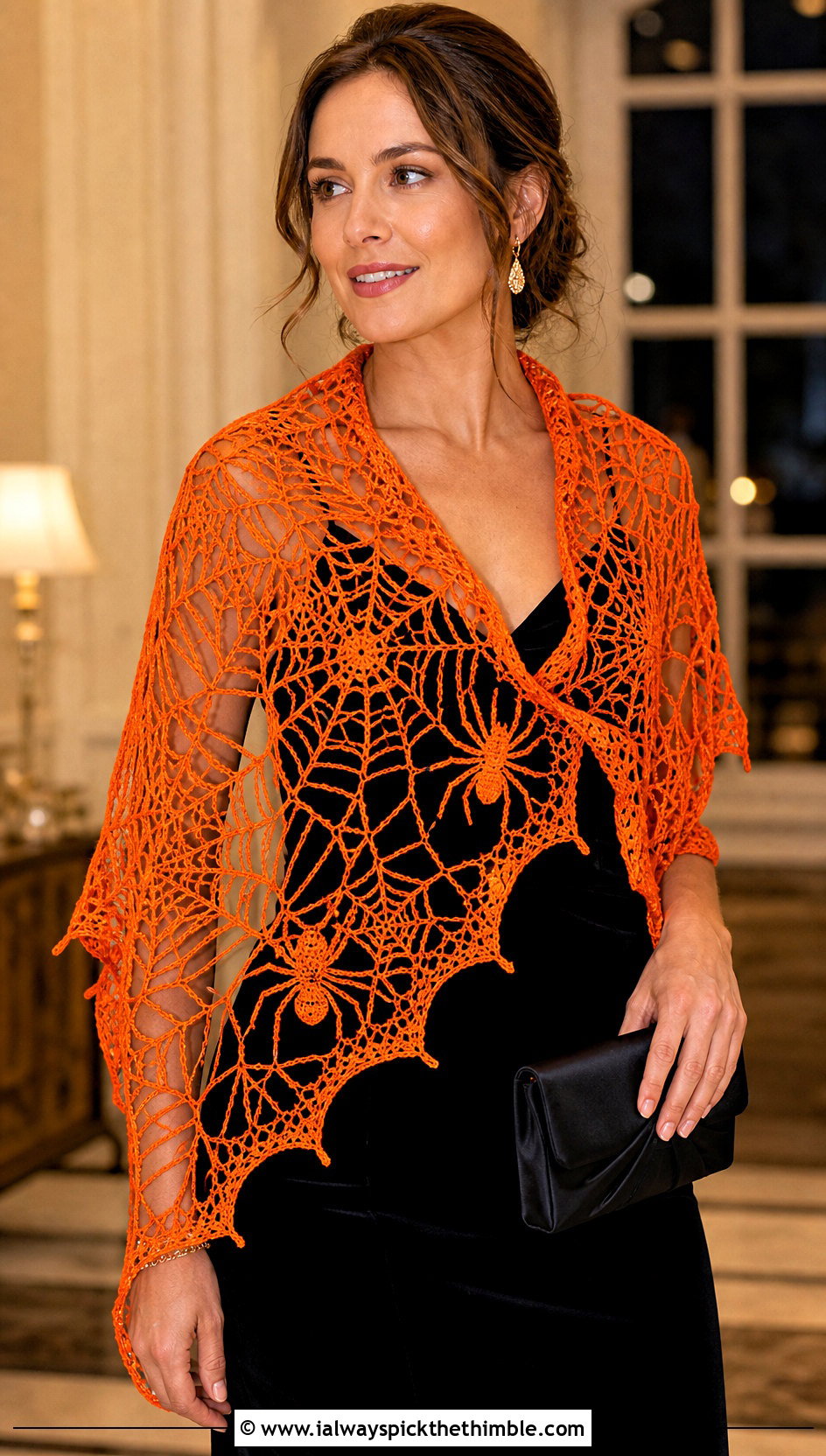 Spider Motif Lace Crochet Stole With Velvet Dress - 20 halloween crochet shawl outfit ideas