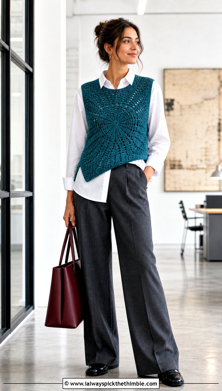 Spider Stitch Crochet Vest With Button Down Shirt And Trousers - 25 spider crochet top outfit ideas