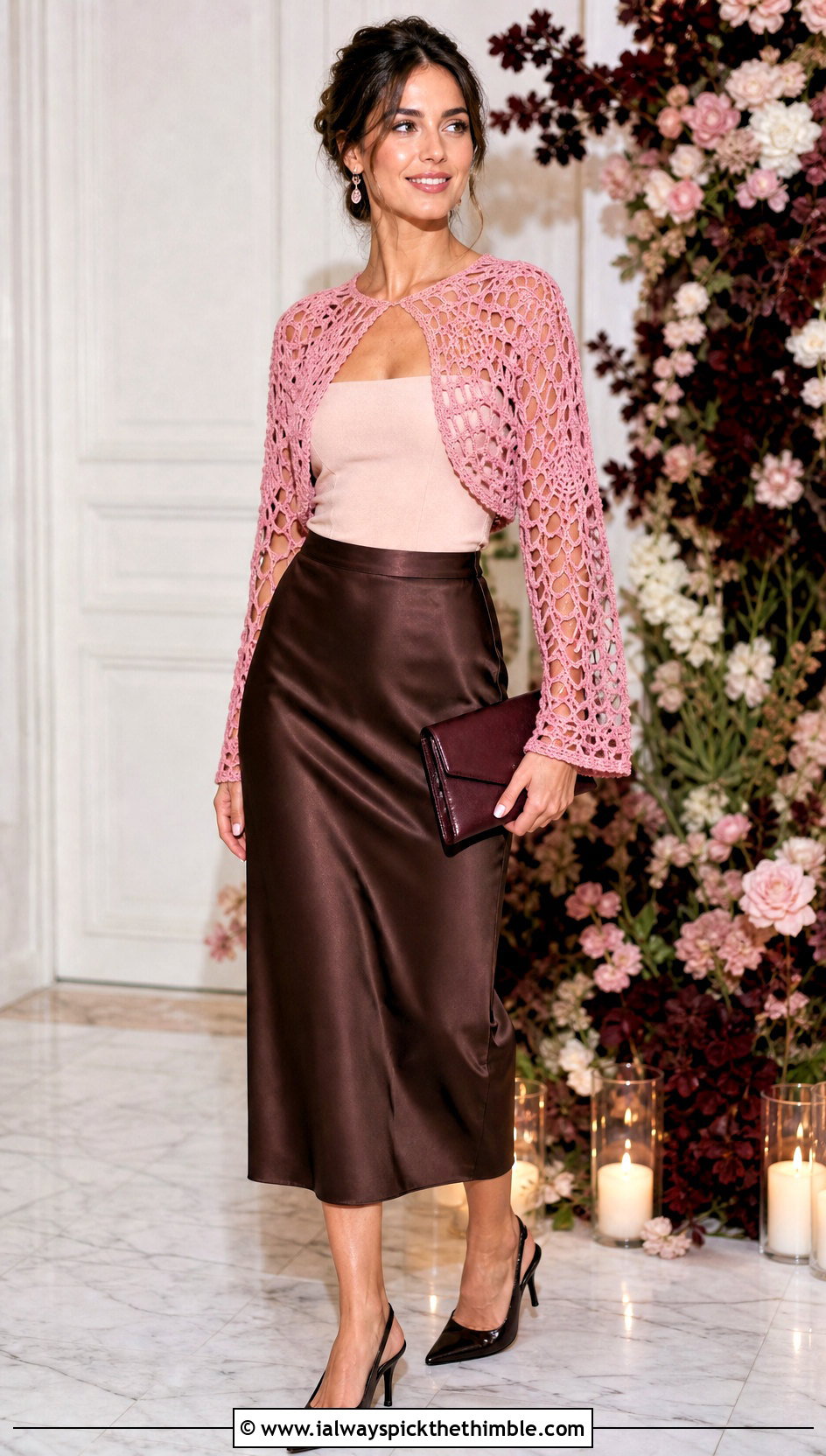 Spider Web Bolero Cardigan With Satin Midi Skirt - 20 Crochet Spider Web Cardigan outfit ideas