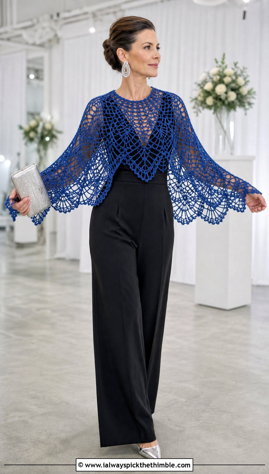 Spiderweb Crescent Shawl With Tailored Jumpsuit - 20 Crochet Halloween Shawl outfit ideas