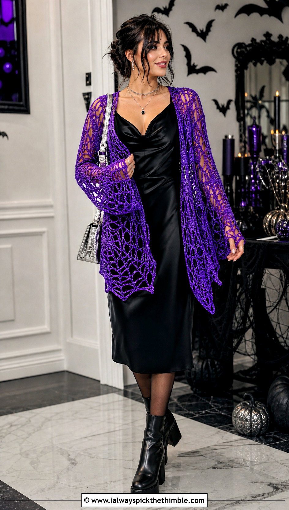 Spiderweb Crochet Cardigan With Satin Midi Dress - 25 halloween crochet clothes and outfit ideas