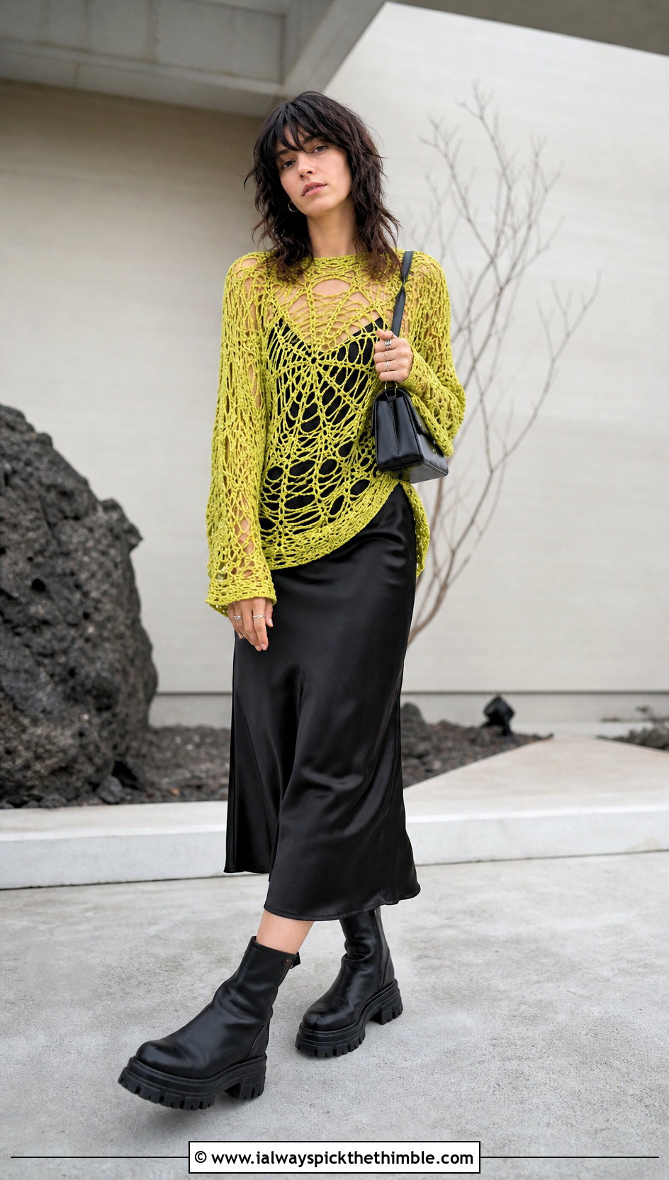 Spiderweb Crochet Grunge Sweater With Slip Dress - 20 crochet grunge sweater outfit ideas