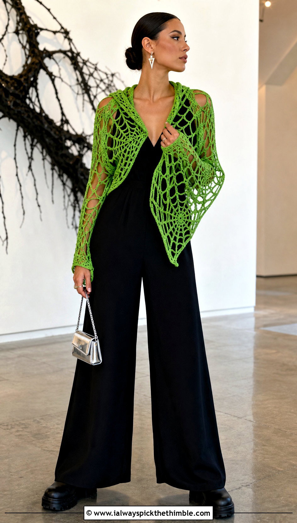 Spiderweb Crochet Hooded Shrug With Black Jumpsuit - 20 Crochet Hooded Shrug outfit ideas