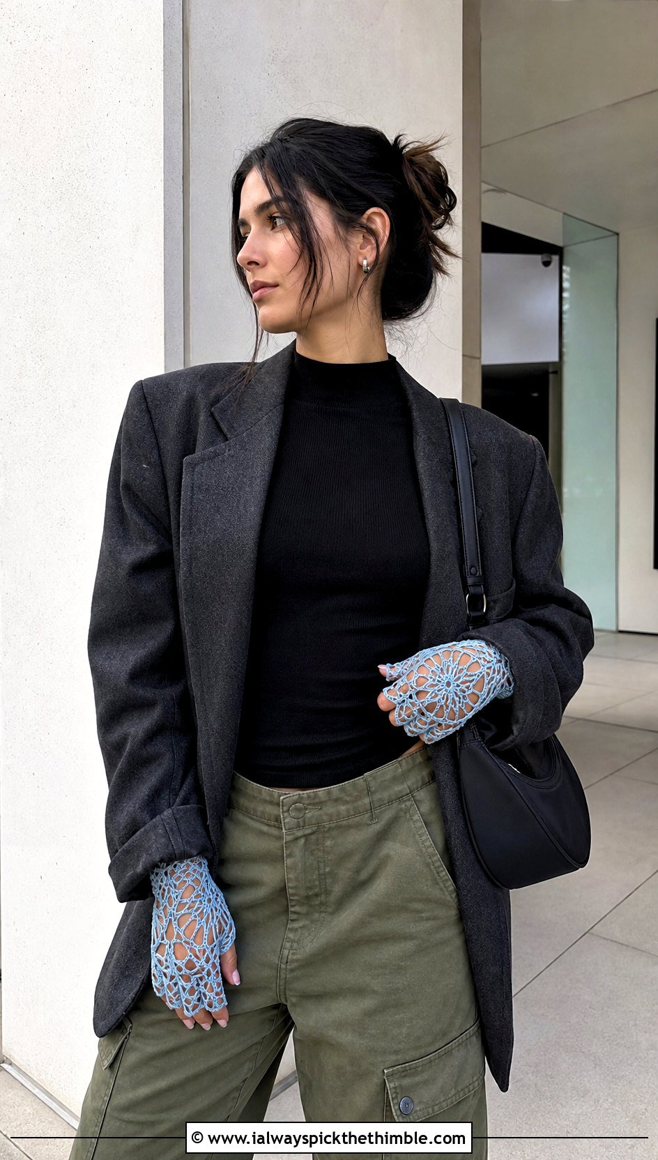 Spiderweb Crochet Lace Gloves With Blazer And Cargo Pants - 20 lace crochet gloves outfit ideas