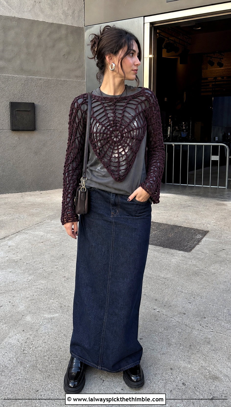 Spiderweb Crochet Long Sleeve Shrug With Graphic Tee And Denim Skirt - 20 crochet long sleeve shrug outfit ideas