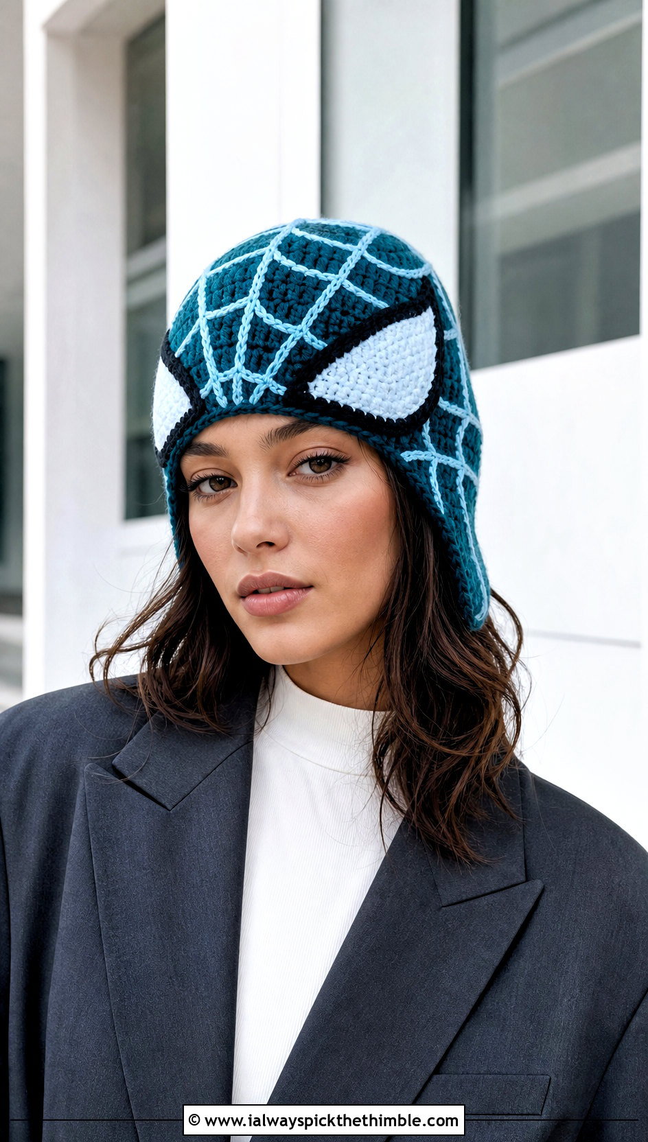 Spiderweb Crochet Mayday Parker Beanie With Tailored Blazer - 15 Crochet Mayday Parker Beanie outfit ideas