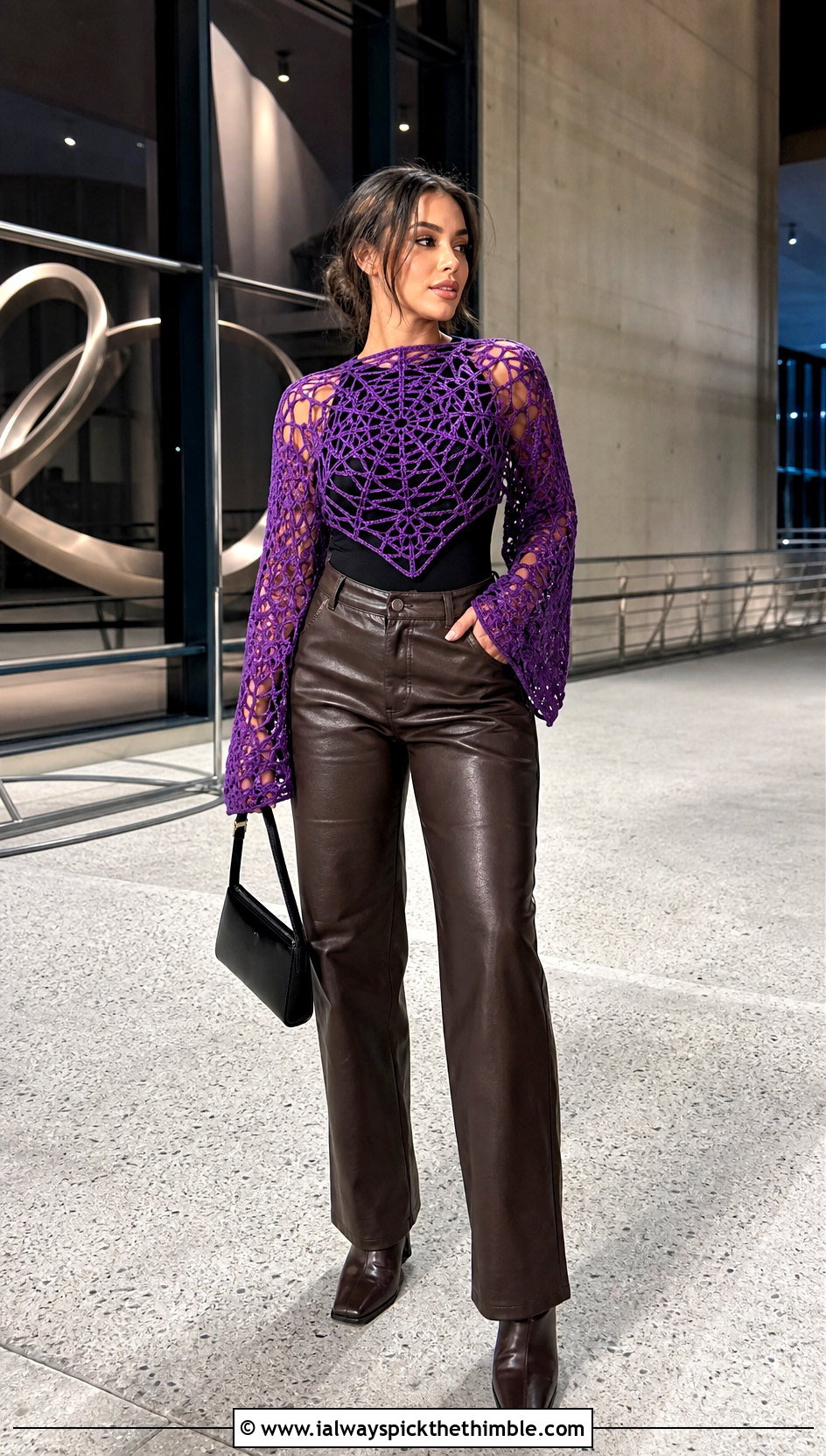 Spiderweb Crochet Mesh Sleeve Top With Leather Pants - 20 crochet mesh sleeve top outfit ideas
