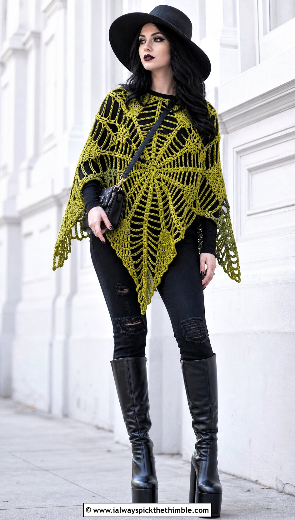 Spiderweb Crochet Poncho With Skinny Jeans - 25 Crochet Goth Clothes and outfit ideas