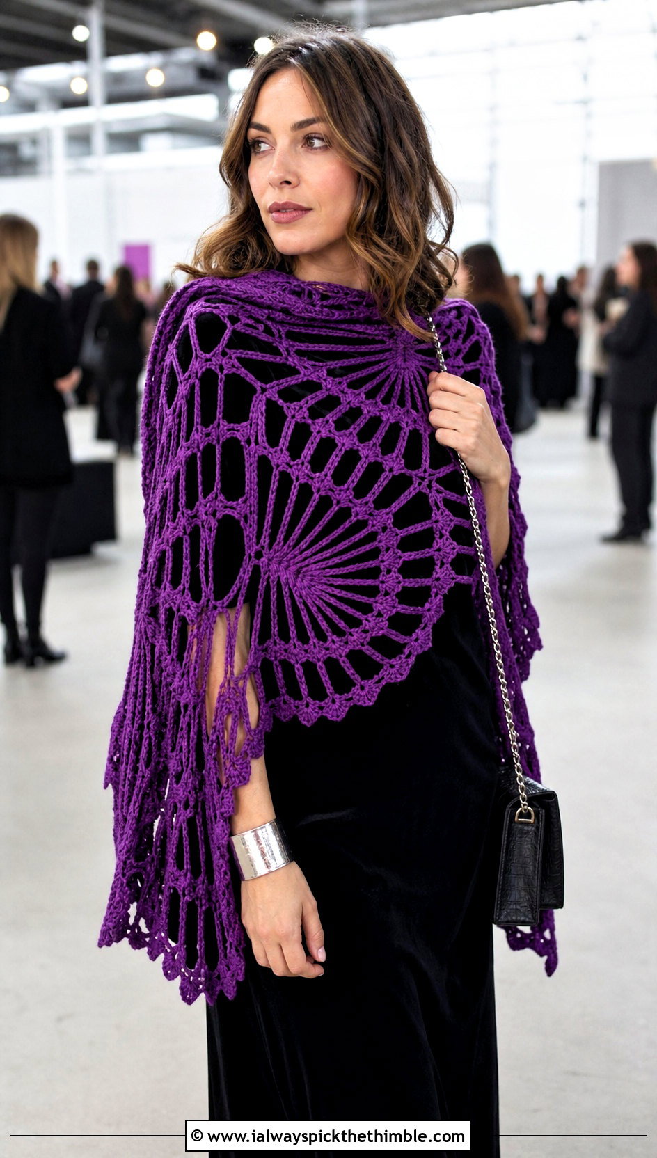Spiderweb Crochet Shawl With Velvet Dress And Platform Boots - 20 Stevie Nicks Crochet Shawl outfit ideas