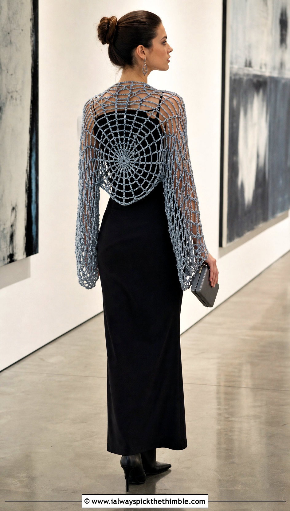 Spiderweb Crochet Shrug With Black Maxi Dress - 25 crochet shrugs outfit ideas