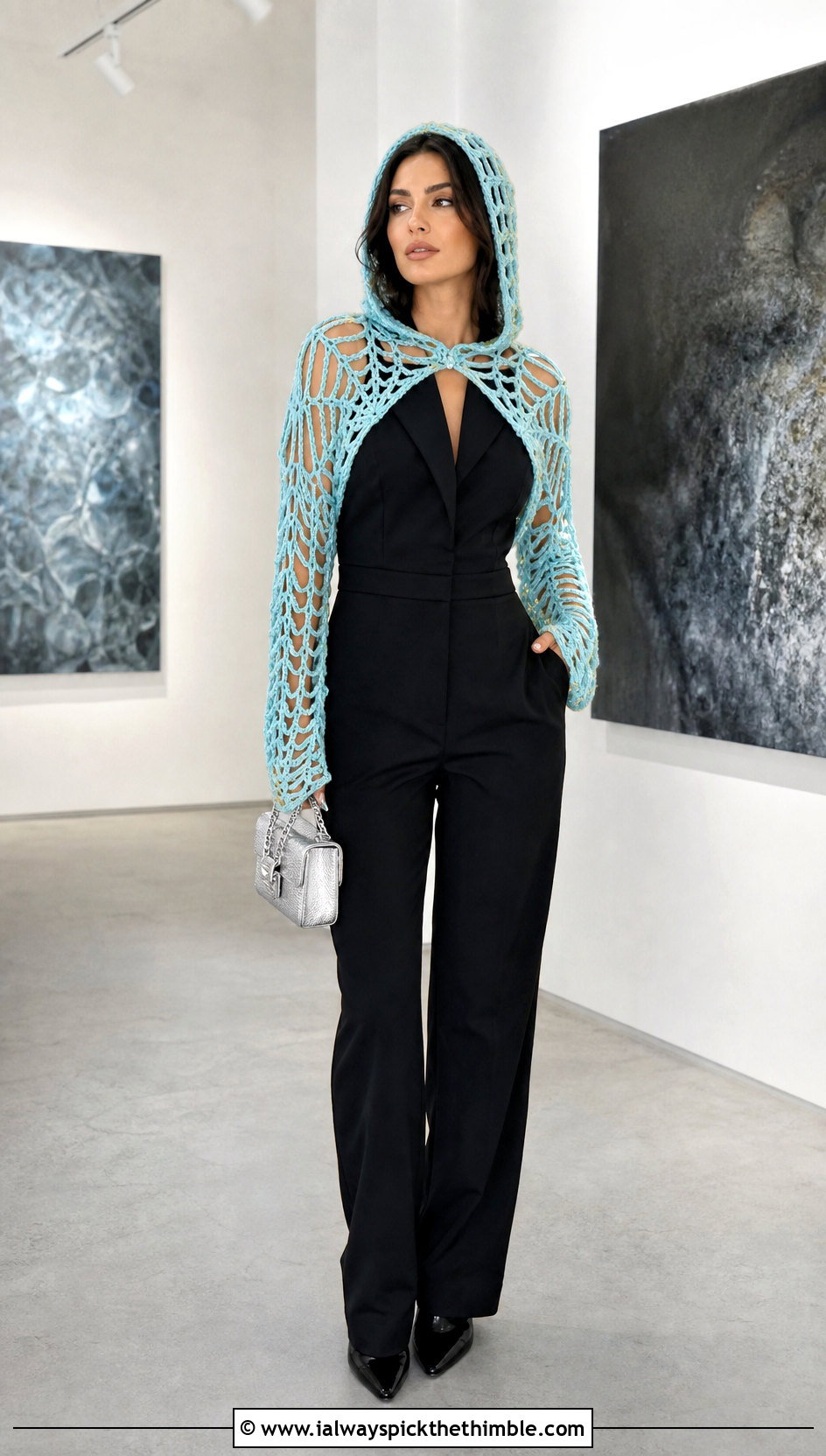 Spiderweb Crochet Shrug With Hood And Black Jumpsuit - 20 crochet shrug with hood outfit ideas