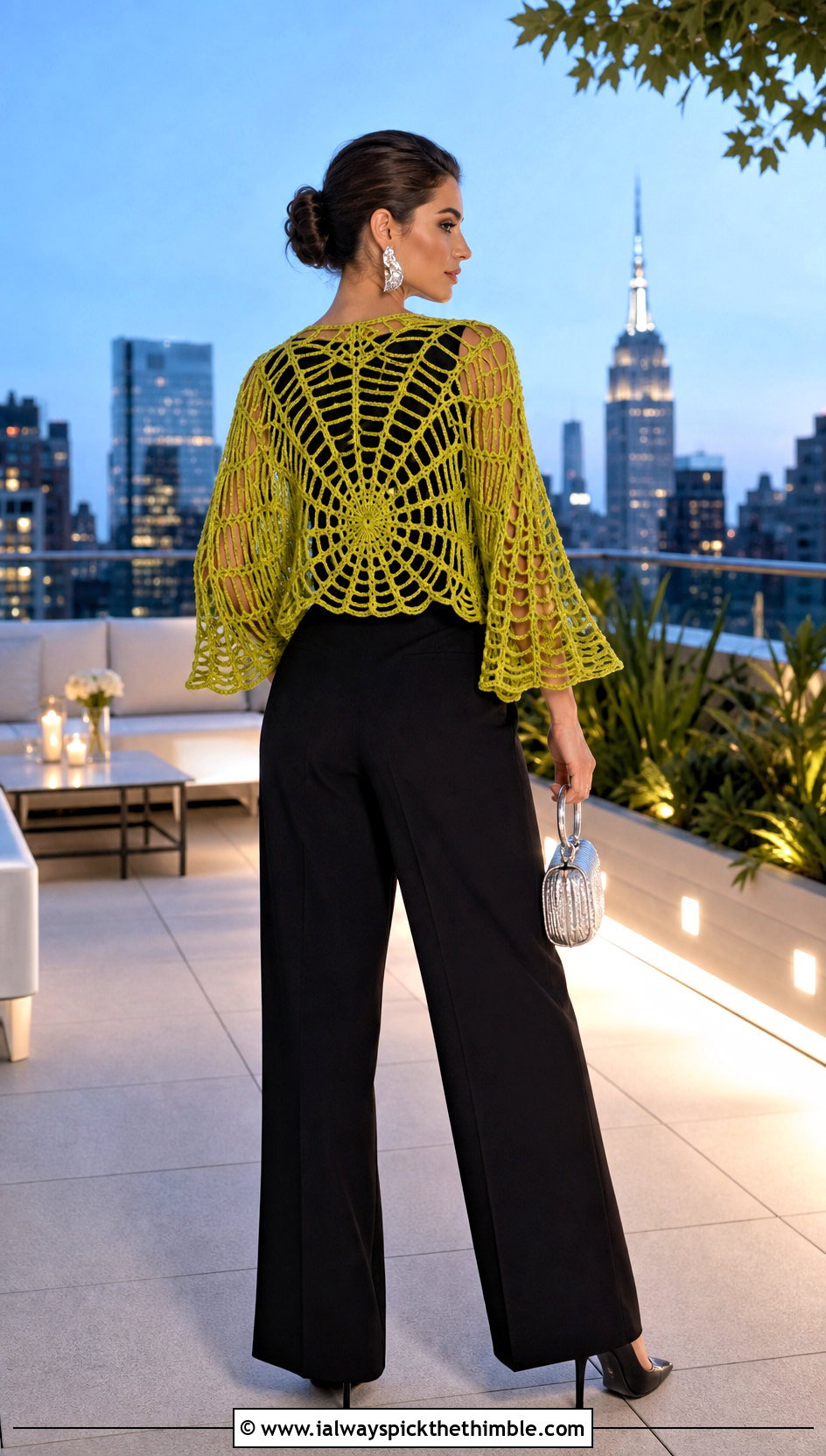 Spiderweb Crochet Shrug With Monochrome Evening Outfit - 25 easy crochet shrug outfit ideas