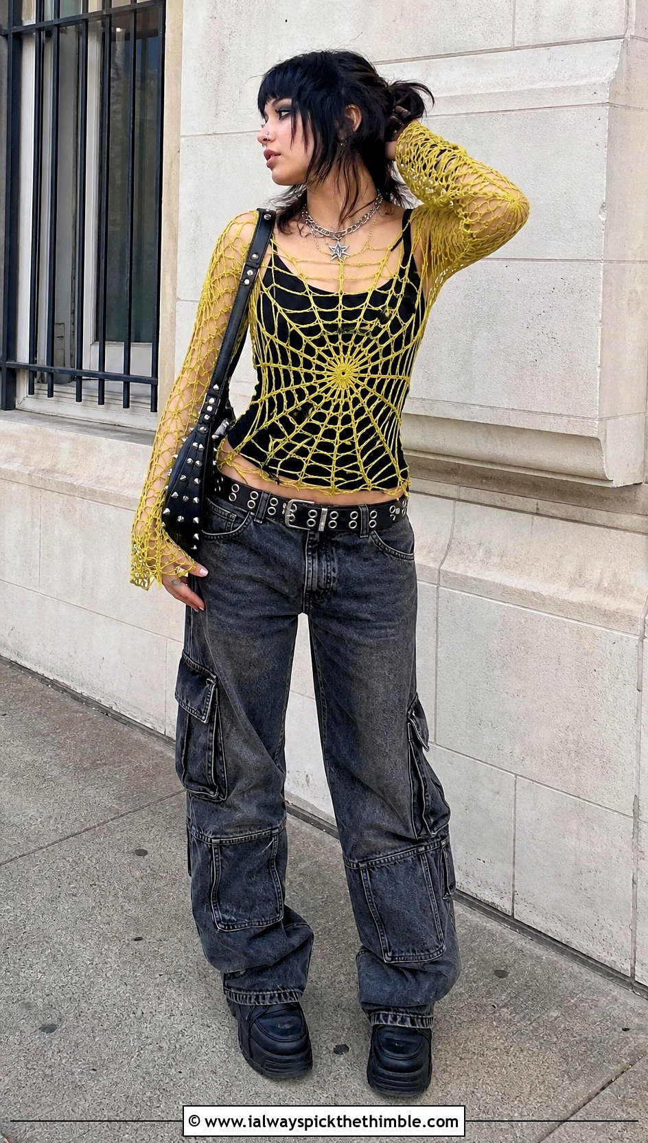 Spiderweb Crochet Top With Cargo Jeans - 20 emo crochet top outfit ideas