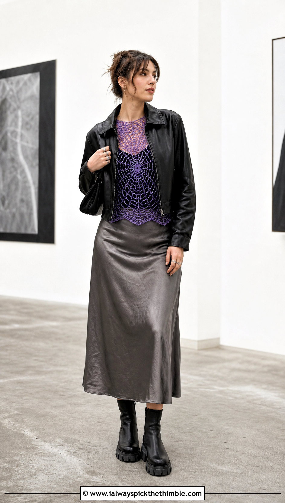 Spiderweb Crochet Top With Satin Slip Skirt - 25 Crochet Grunge Clothes and outfit ideas