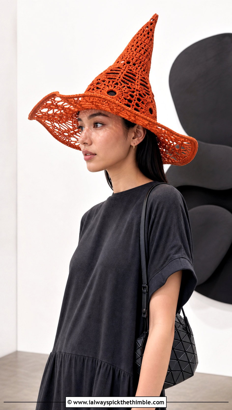 Spiderweb Crochet Witch Hat With Minimalist Dress - 25 crochet witches hat outfit ideas