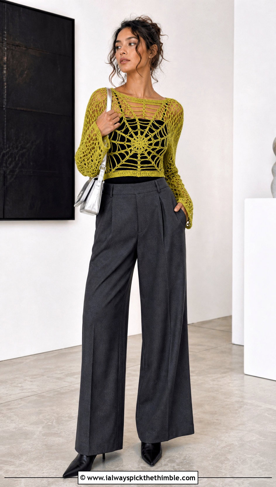 Spiderweb Cropped Mesh Halloween Crochet Jumper With Wide Leg Trousers - 15 Halloween Crochet Jumper outfit ideas