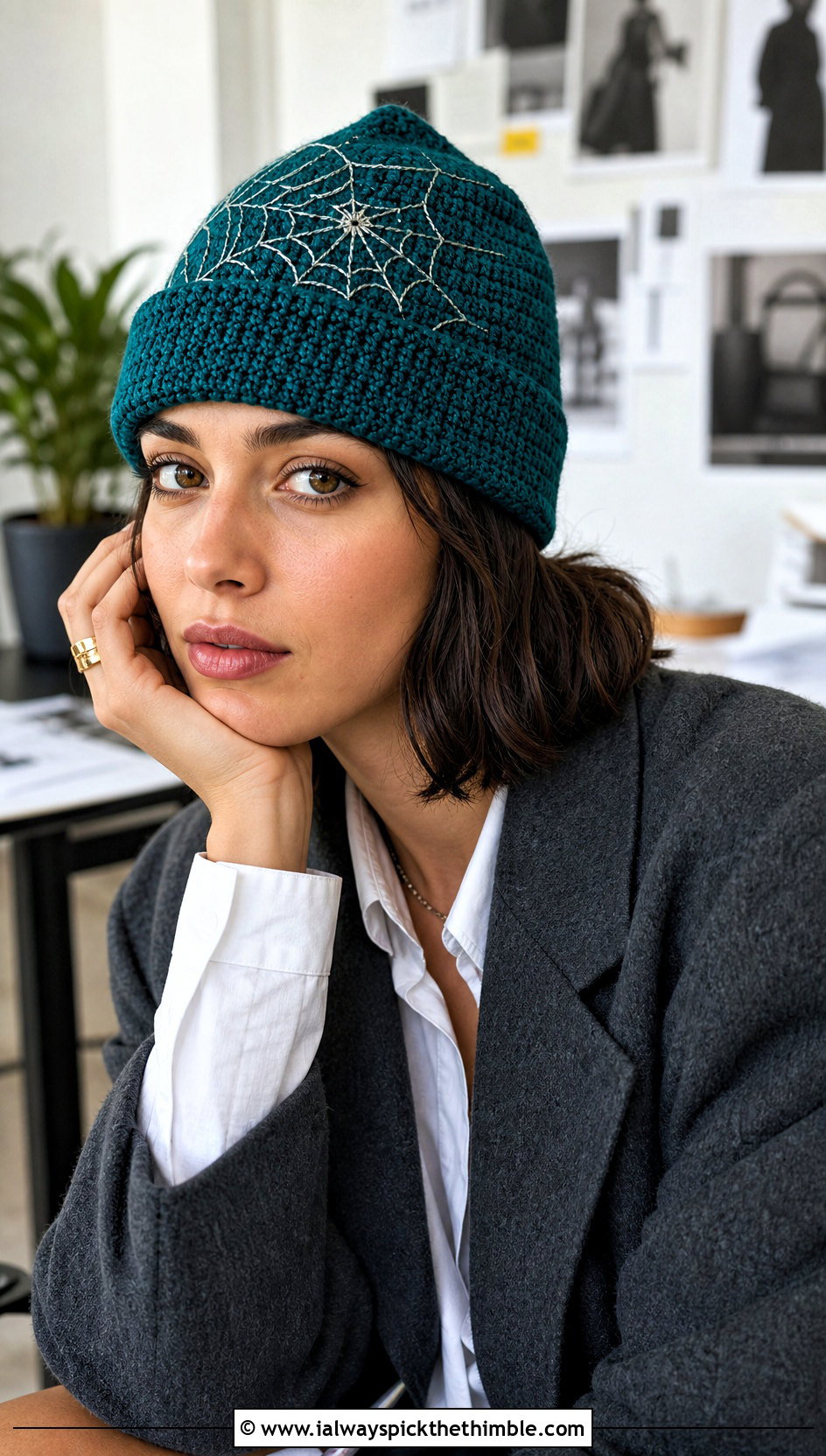 Spiderweb Fisherman Crochet Beanie With Blazer - 20 Halloween Crochet Beanies outfit ideas