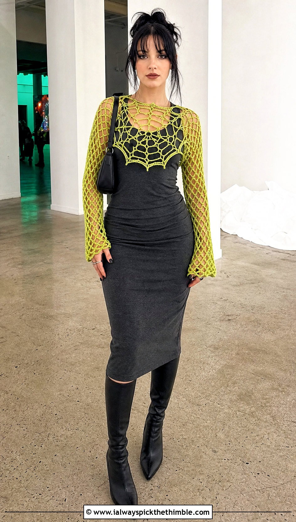 Spiderweb Fishnet Shrug With Tank Dress And Boots - 25 crochet fishnet shrug outfit ideas