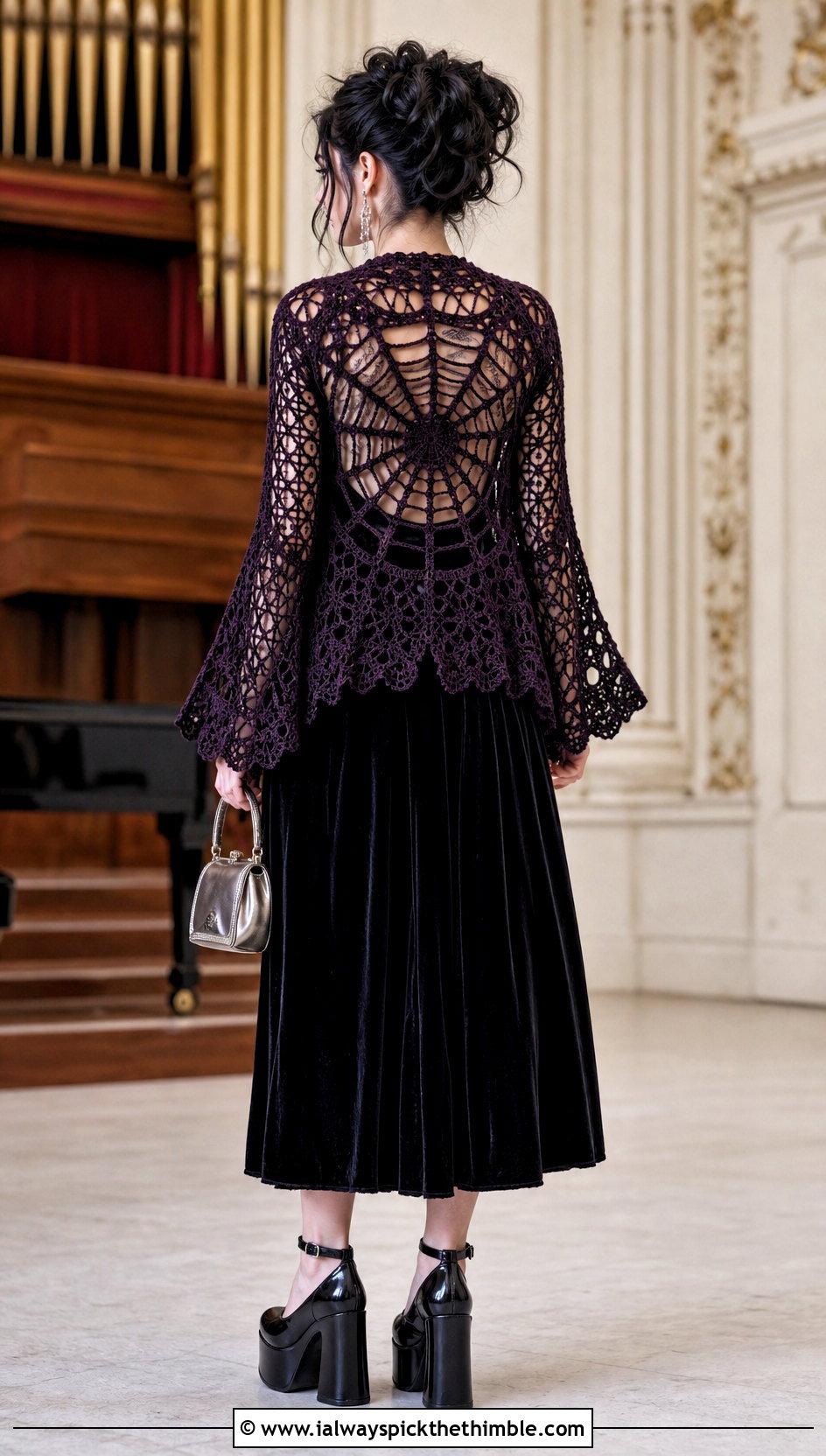 Spiderweb Goth Crochet Cardigan With Velvet Dress - 15 goth crochet cardigan outfit ideas