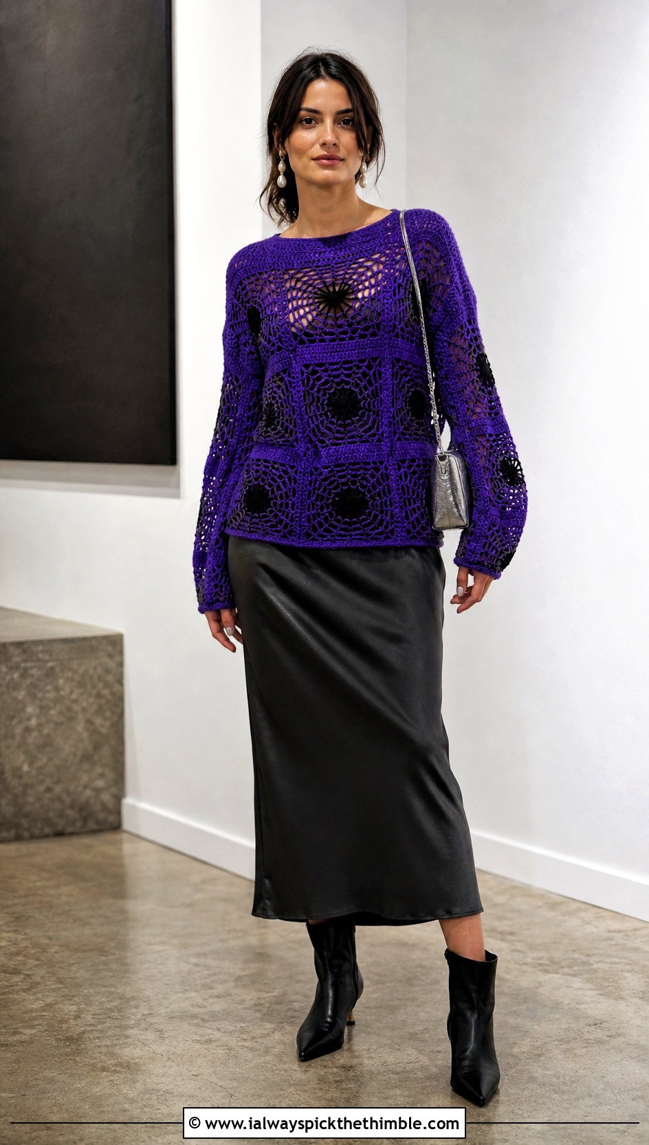 Spiderweb Granny Square Halloween Sweater Over A Slip Dress - 15 Crochet Granny Square Halloween Sweater outfit ideas
