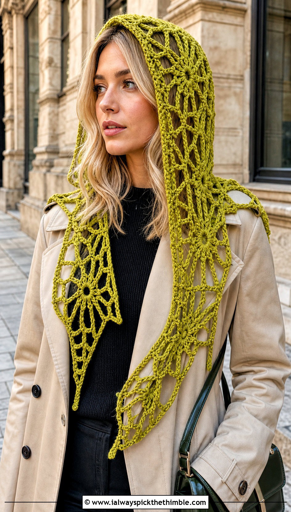 Spiderweb Hooded Halloween Scarf With Trench Coat - 20 crochet halloween scarf outfit ideas